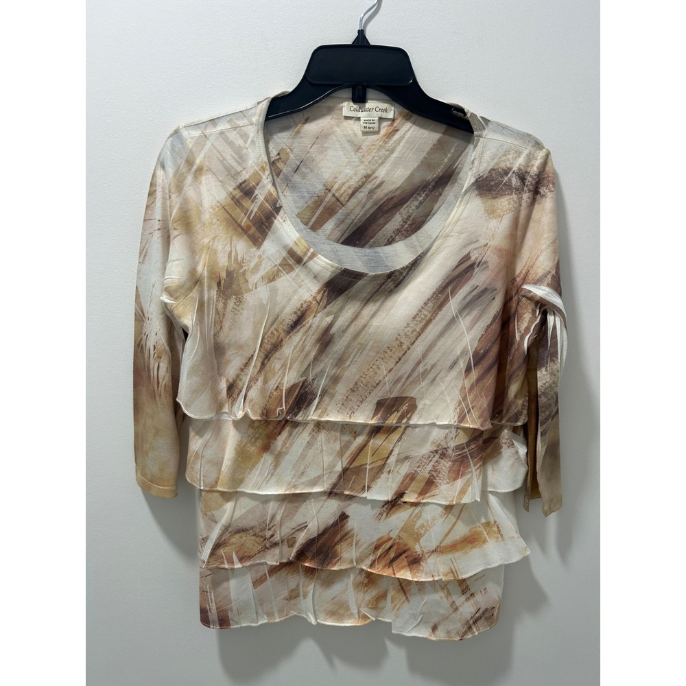 Coldwater Creek Womens M Abstract Tiered Ruffle Blouse Tan Brown 3/4 Sleeve Top